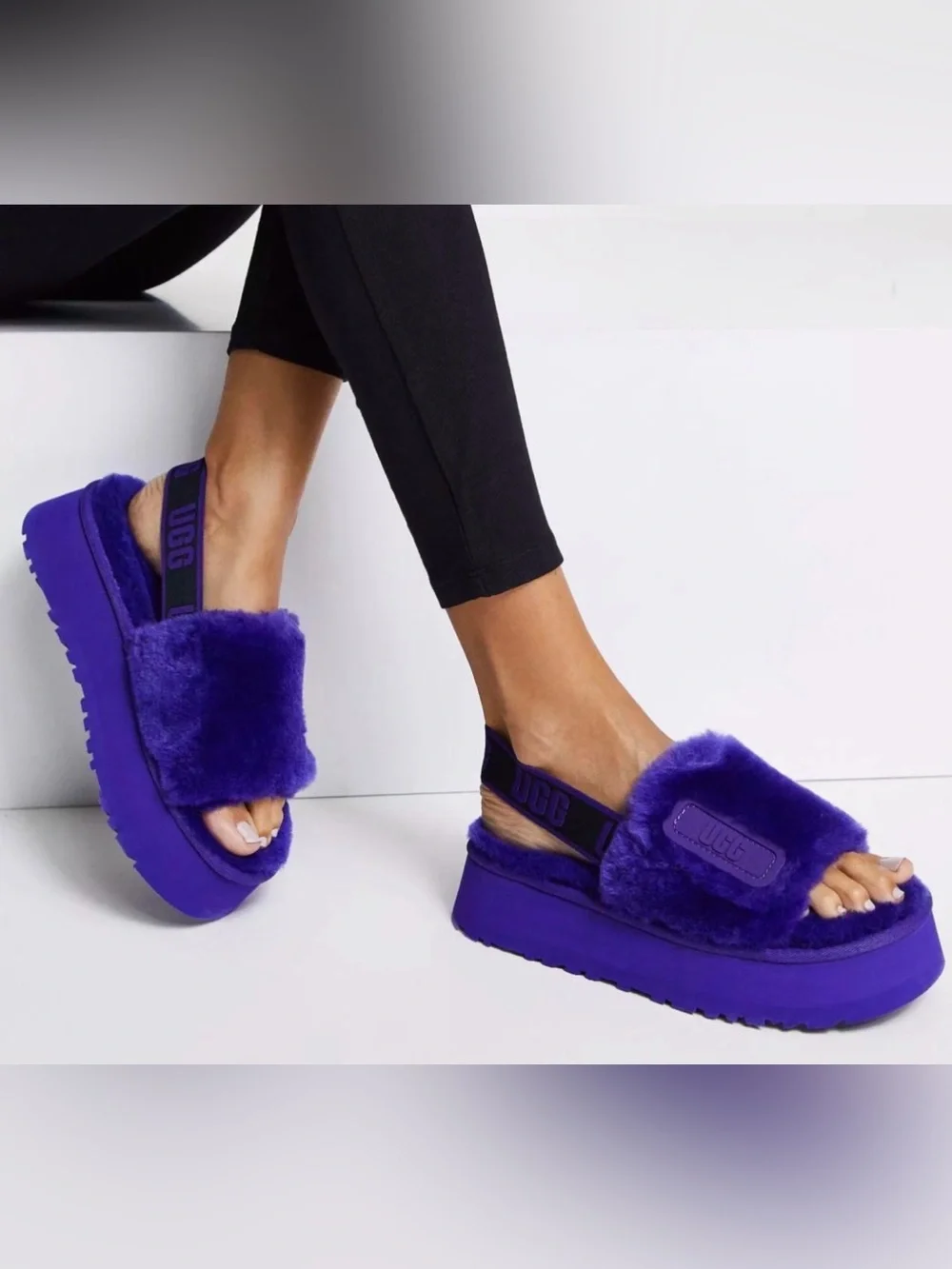 UGG Purple Faux Fur Platform Slingback Sandals Size 8 NWT & Box
